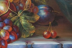Vintage Still Life Fruit Grapes Wine Oil Painting on Canvas Gold Frame 27″