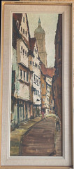 Oil painting unclear sign. Alley side street with church tower and people