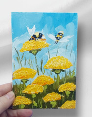 Dandelions Honey Bees 3D Original Oil Painting Wildflowers Handmade Wall Art