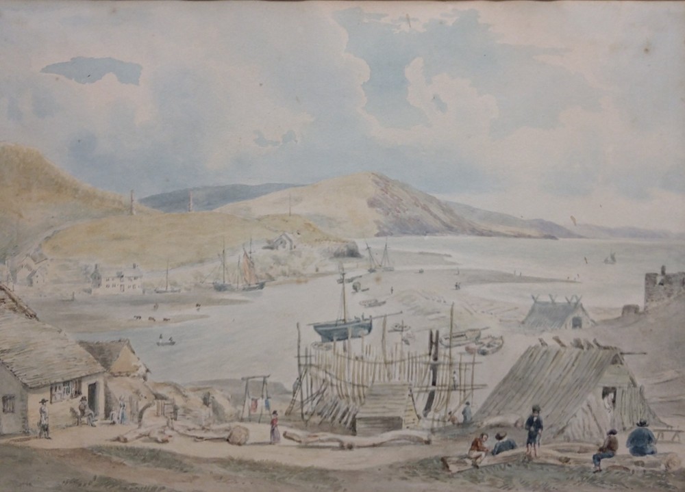 Watercolor Painting – Fishing Harbor Scene – 19th century New England School