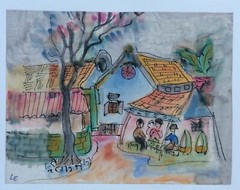 Le Vietnamese rural village #2 original Art In Heart water color on rice paper