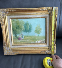 VTG Framed Oil Painting Lady by Flower Garden Scene Ornate Gold Gilt Frame 14″
