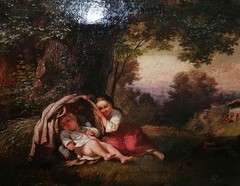 Barbizon Romantic Oil Paint with 2 person and animals circa 1750-1820?