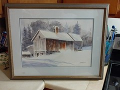 Painting of barn covered snow fine art watercolor landscape painting (original)