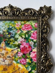 Orangey Painting Cat Original Art Landscape Wall Art Framed Painting Flowers Art