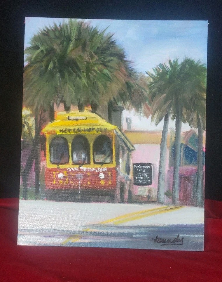 Ft.Lauderdale Trolley city scene Original oil on canvas painting 8×10 VB