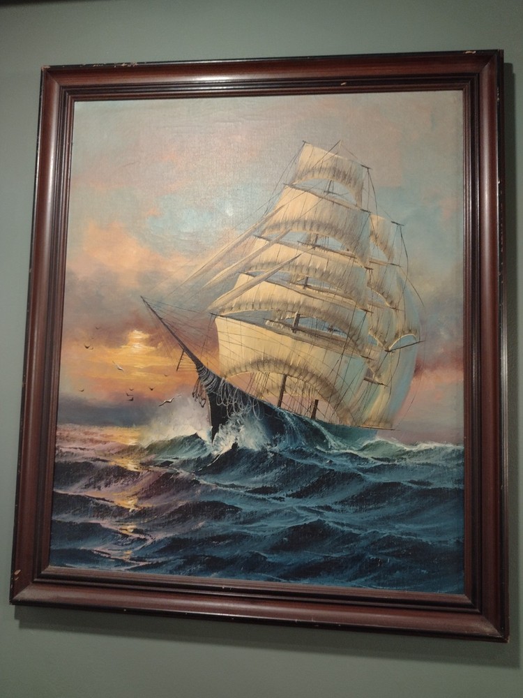 Beautiful Vintage Sailing Ship on the open sea at sunset painting