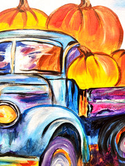 Blue Pumpkin Truck Painting 16×20 Original Fall Farmhouse Art by M Isaksen