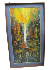 MCM Mid Century Modern TOKUYOSHI Signed Framed ABSTRACT Cityscape Oil Painting