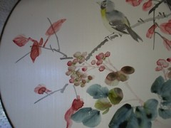artist hand painted bird on cherry tree branch silk wall hanging 10 x 10 1/2