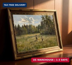 Kids in Summer Field Canvas Wall Art Vintage Gold Framed Landscape Painting 12×1