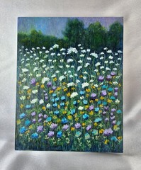 Oil Pastel, Original Painting, Field of Blooms, 8×10 Cradled Birch Wood, Signed