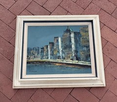 Oil Painting Coastal Cityscape MCM Vtg Landscape Modern Skyscrapers Signed Rodge