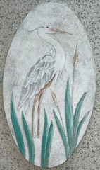 2 Vintage Signed Original Coastal Beach Textured Art Bird Heron Bird Cat Tails