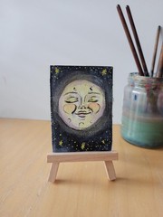 ACEO Celestial Full Moon Smiling Yellow Purple Acrylic Original Mini By O.MyLore