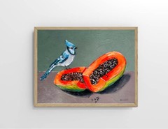 Blue Jay Painting Papaya Painting Fruit Art Oil Painting Birds Still Life Small
