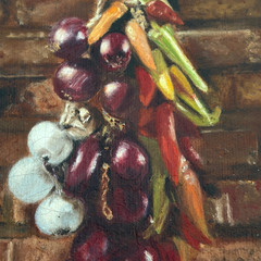 Vintage Oil Painting Still Life Vegetables Garlic Onions Peppers Signed La Grave