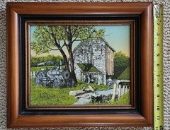 H Hargrove Antique Train Tractor Farmer Chopping Wood Stone Barn 8 X 10 Canvas