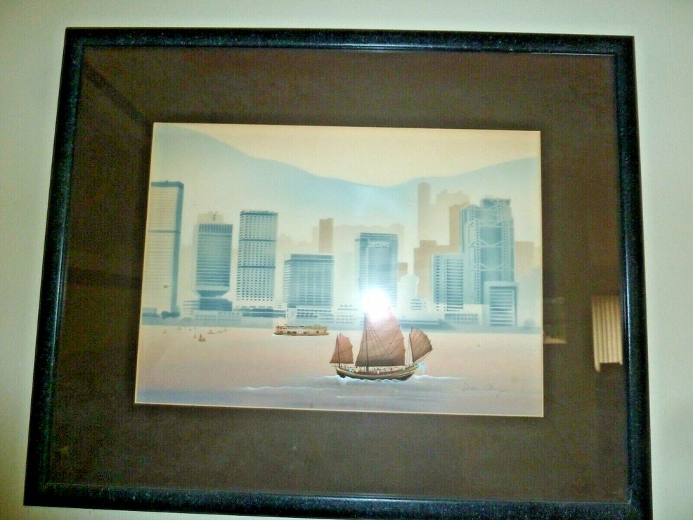 Hong Kong Harbor Print Signed Dan Choy Chuy ? Framed 21 x 16 Junk Boat