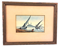 Watercolor of Famous Egyptian Mosque on Nile River Initialed HM Frame d & Matted