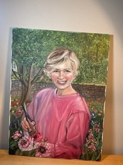 Original Painting on Canvas Portrait of LADY Woman Flowers Garden Shears -Signed