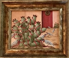 Framed original oilpainting Arizona desert cactus quail Christmas Brenda Bowers