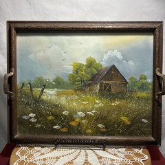 Painting ,Rustic Barn, Wild Flower Field, Broken Fence, Framed In A Vintage Tray