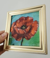 Framed Red Poppy Mini Signed Original Oil Painting 4×4 Bright Floral Wall Art