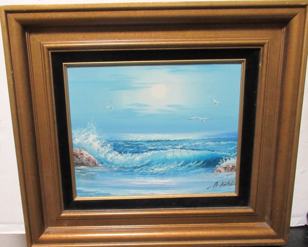 A.KIRKHAM ORIGINAL OIL ON CANVAS SEASCAPE BIRDS PAINTING