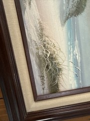 Peaceful Framed Seascape Lighthouse Beach Seagull & Dunes Painting 12.5″ X 14.5”