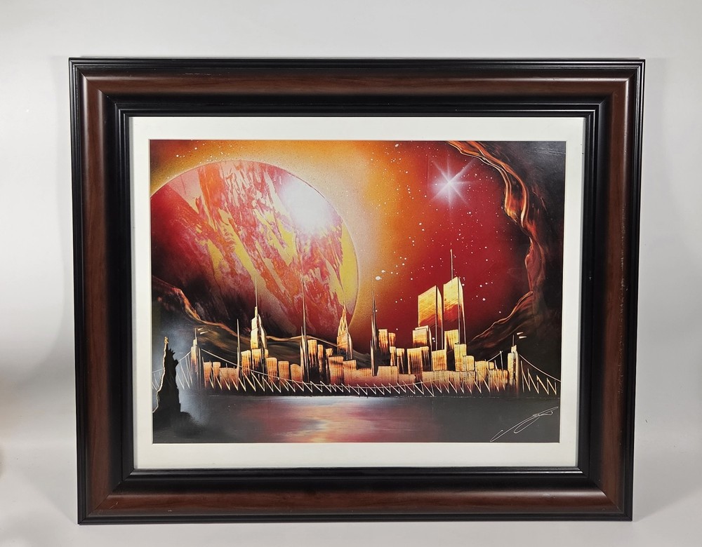 Original Signed Spray Paint Art, NYC Skyline Cityscape & Planets, Framed Modern