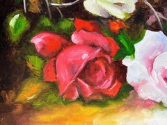 Original Oil Painting White Red Yellow Flowers Roses Still Life Artist Signed