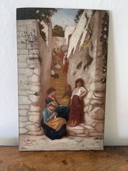 Antique Italian Oil Painting Capri Women on Steps Mediterranean Coastal Scene