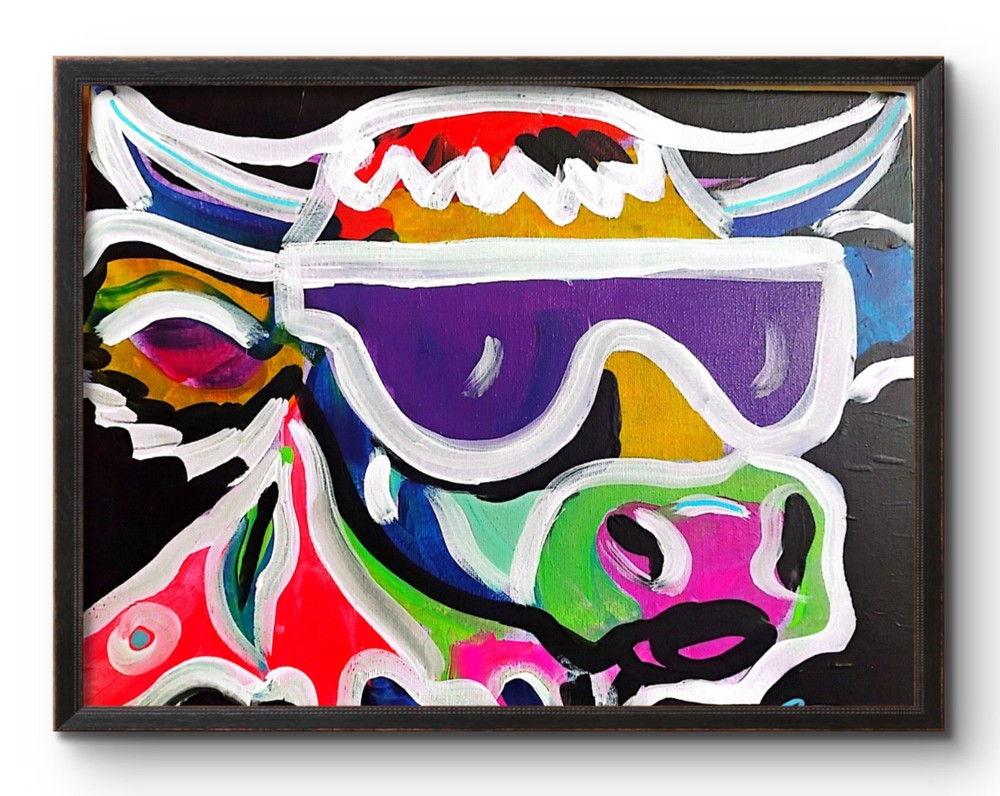 Original art 14 X 11 CANVAS Colorful Cow Modern Art Acrylic Painting