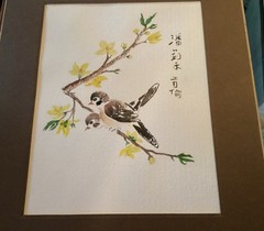 Original Oriental Watercolor Birds On A Branch. Signed. 10 X 13”