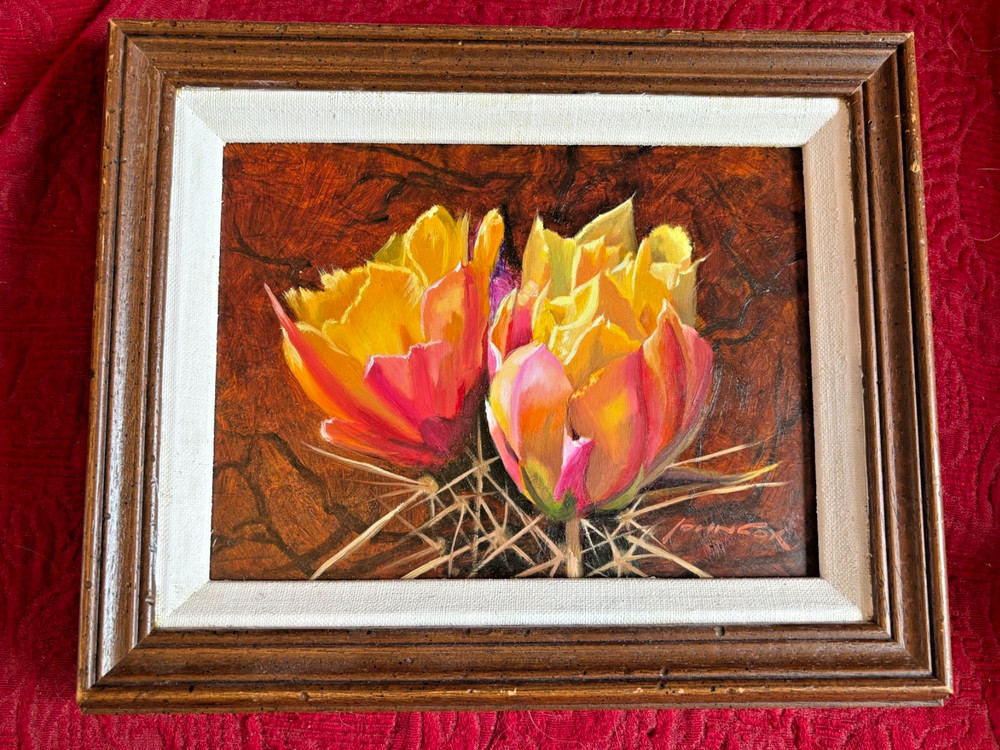 Listed Artist John Cox (1941- ) CACTUS FLOWERS Original Oil Painting 8×6″ 2014