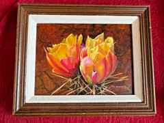 Listed Artist John Cox (1941- ) CACTUS FLOWERS Original Oil Painting 8×6″ 2014