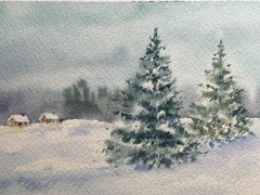 Original Watercolor Painting Landscape Nature Winter Snow – 4×6 inches
