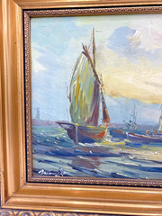 Antique oil painting signed Morris Mid-1900’s gilded wood frame