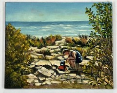 Norma Wangsness Oil On Board Miniature Painting Boy w/ Daddy Ball Cap 4×5”