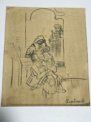 REMBRANDT drawing and painting on old paper signed stamped vintage