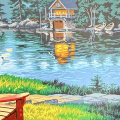 Evening River Cabin & Adirondack Chairs Paint By Numbers Painting 2011 Completed