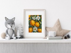Lemons Painting Fruit Original Art Flowers Abstract Wall Art Oil Pastels Artwork