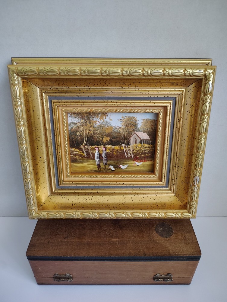 Small Autumn Farmhouse Gold Toned Wood Framed Decor Painting on Board