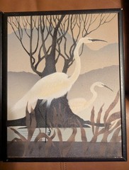 Set of 2 Oil Paintings Landscape Portrait of Egrets/Herons