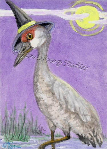 Witch sandhills Crane Halloween Wildlife EBSQ Kim Loberg ACEO mini HA31 Art bird
