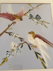 Vintage painted oriental bird artwork original framed wall hanging home decor