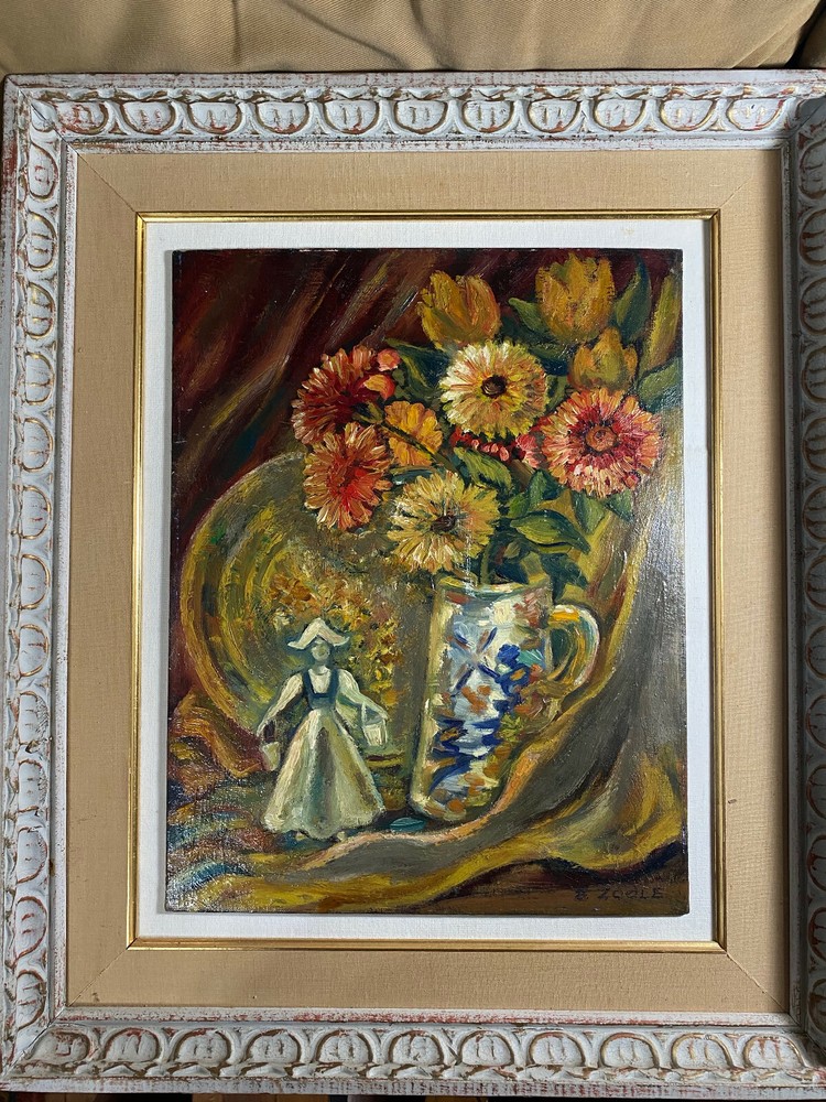 B Zoole „Still Life With Flowers And Statue Scene“ Oil Painting – Signed/Framed