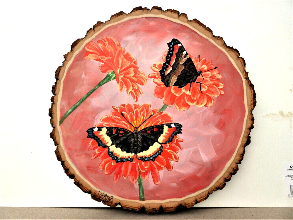 Hand Painted Milbert’s Tortoiseshell Butterfly On Live Edge Basswood By Phyllis