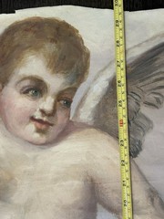 Antique 19c Oil on Canvas Painting of Flying Cherub Church Murals Chapel Panel